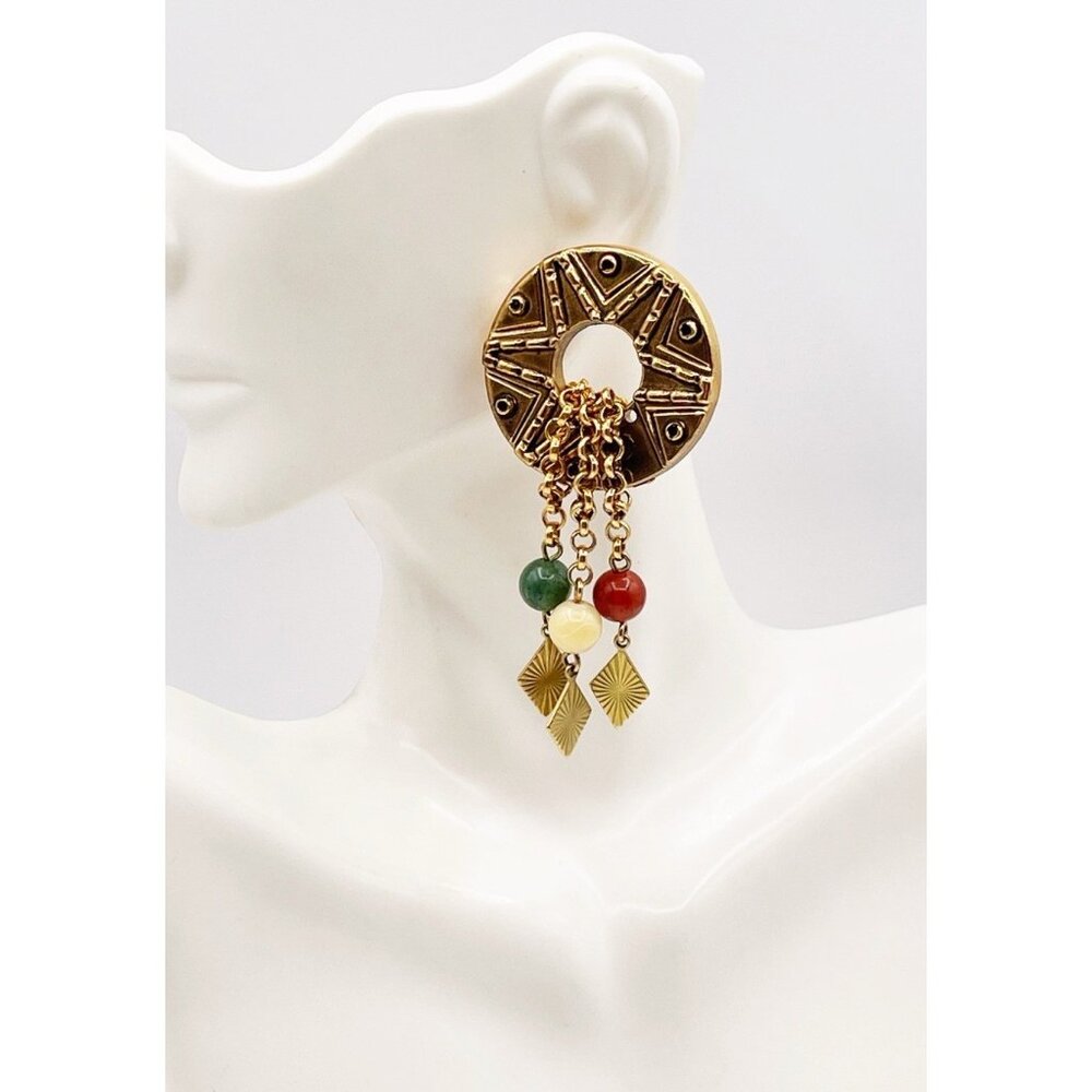 VTG 80s Marked WN Avon Gold Tone Statement Earrings Beaded Tassel Dangle Boho